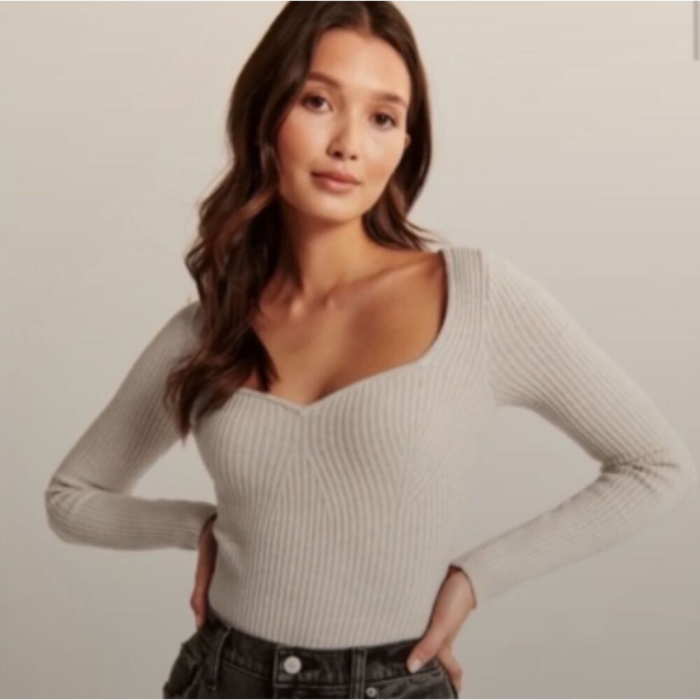 Abercrombie & Fitch Sweetheart Ribbed Thick Sweater Bodysuit Cream XL